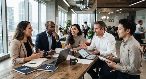 Diverse professionals collaborating in a modern office