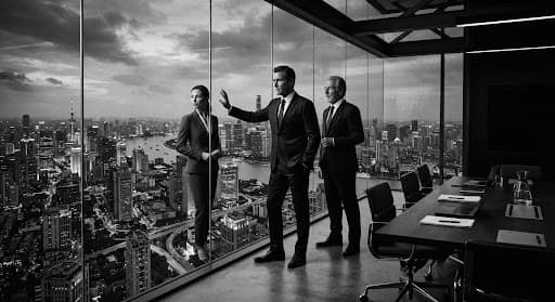 Corporate leaders in a modern glass boardroom overlooking the city