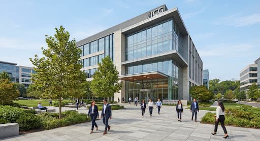 Modern glass office building and plaza